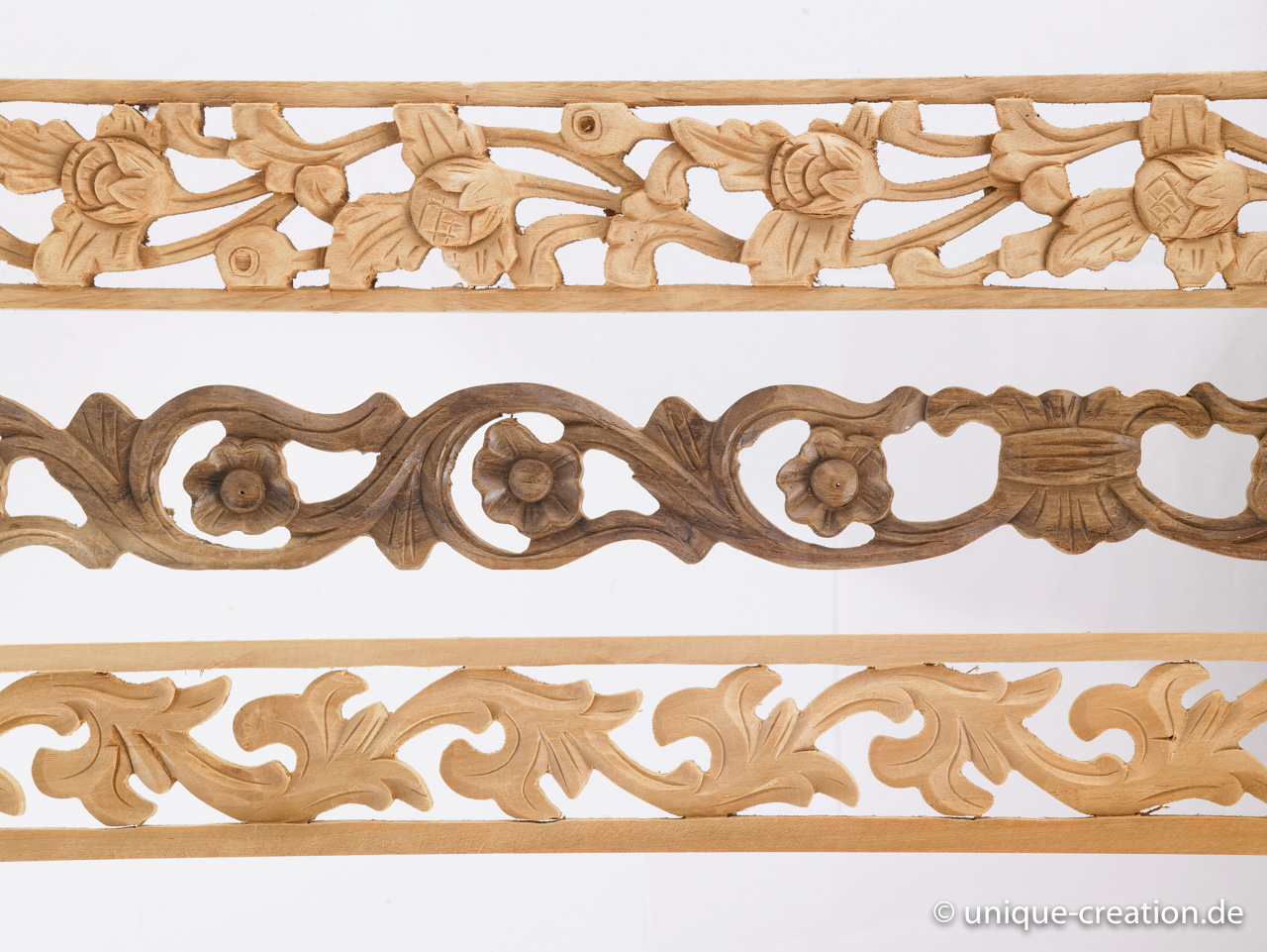 Handcarved wood strips made from teak and other hardwood