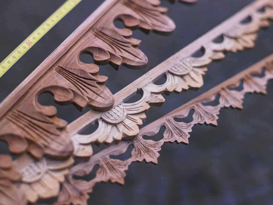 Handcarved wood strips made from teak and other hardwood